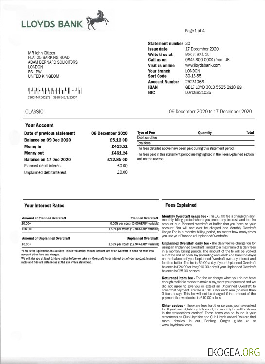 Modèle de justificatif de domicile de la banque Lloyds du Royaume Uni, entièrement modifiable au format PSD